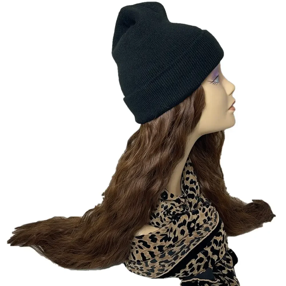 Long Curly Wavy Brown Hair Beanie Wig • Black Knit Hat Attached Extensions 30”